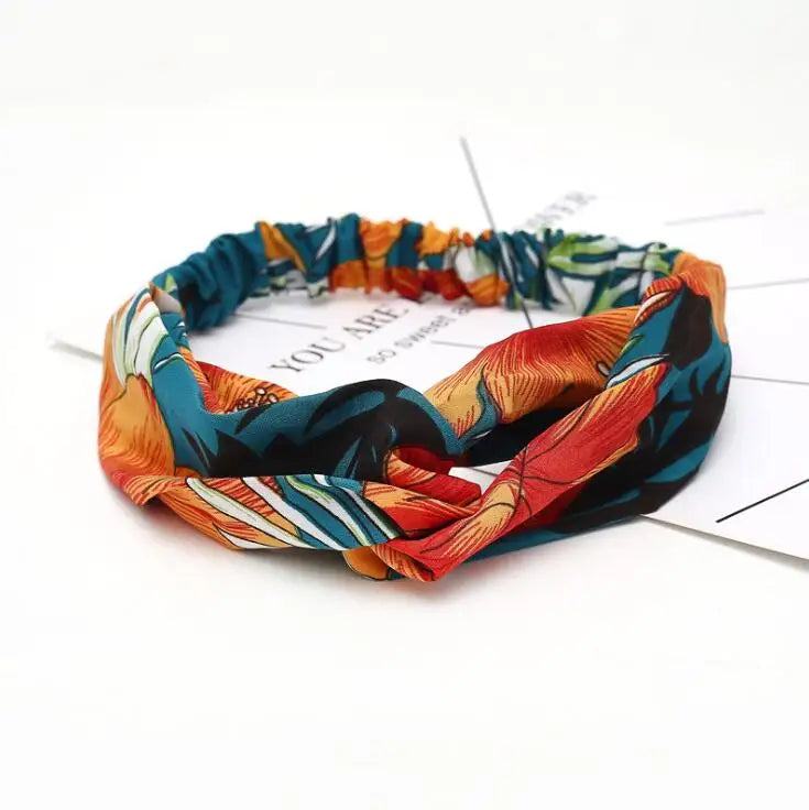 Boho Vintage Printed Multi-Color, Patterned Headbands Bandanas: Cross Turban Style Fashion Accessory