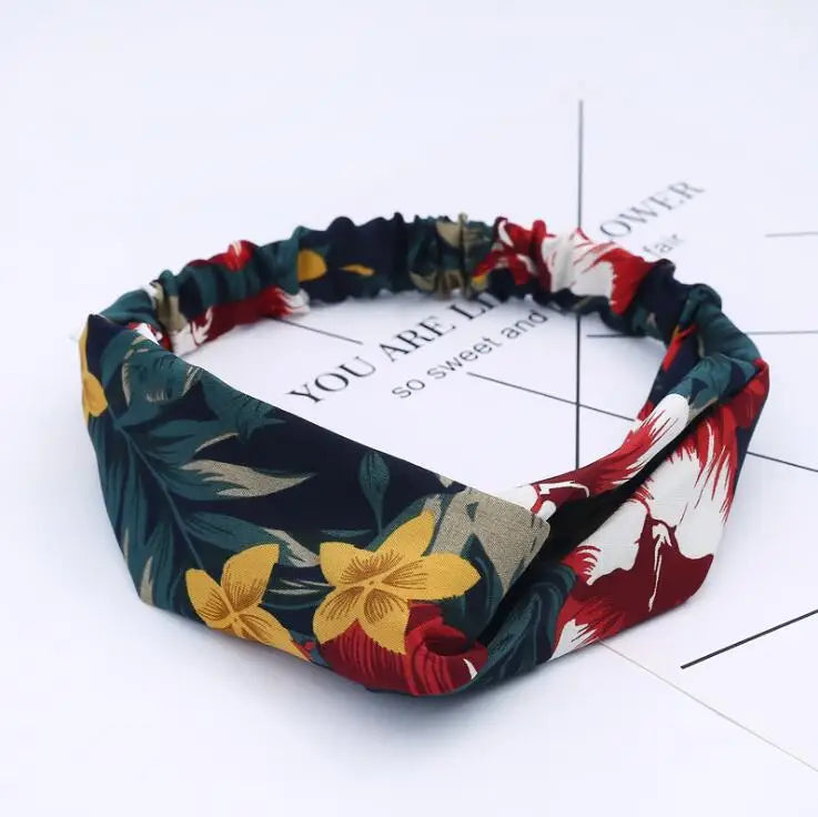 Boho Vintage Printed Multi-Color, Patterned Headbands Bandanas: Cross Turban Style Fashion Accessory