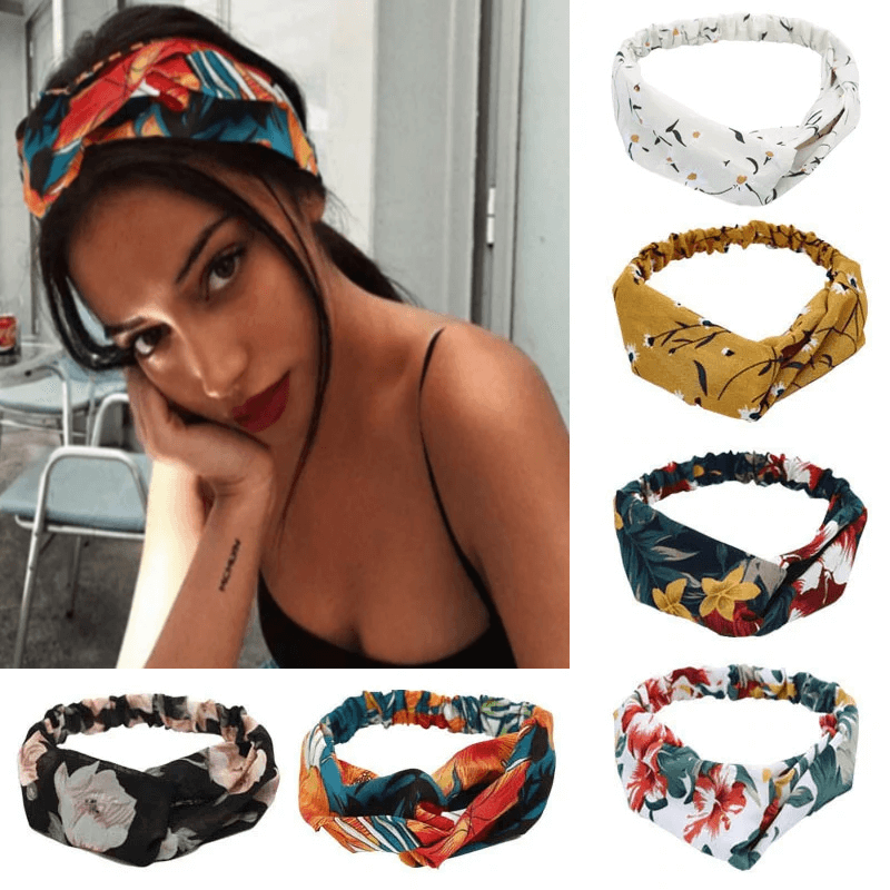Boho Vintage Printed Multi-Color, Patterned Headbands Bandanas: Cross Turban Style Fashion Accessory