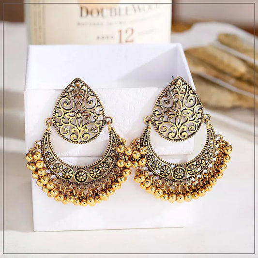 Vintage Afghan Inspired Bohemian Chandbali Jhumka Tear Drop Tribal Tassel Earrings