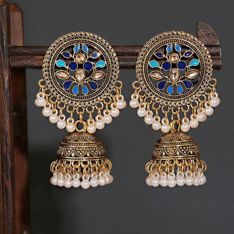 Boho Vintage Antique Gypsy Pearl Drop Flower Tassel Earrings