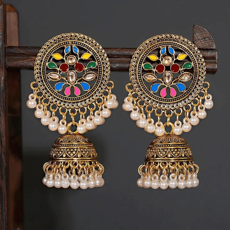 Boho Vintage Antique Gypsy Pearl Drop Flower Tassel Earrings