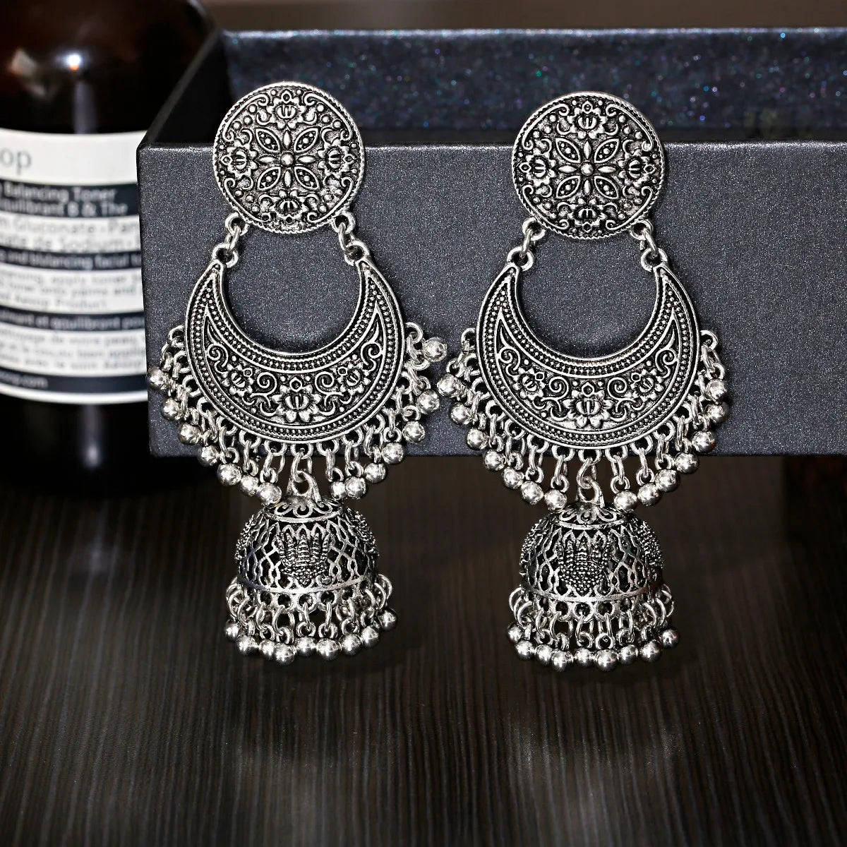 Boho Vintage Half Moon Shaped Tear Drop Tribal Bell Tassel Stud Earrings