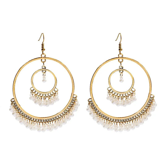 Boho Large Jhumka Round/Tear Pearl Tassel Drop Earrings