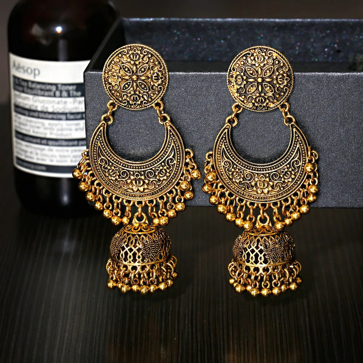 Boho Vintage Half Moon Shaped Tear Drop Tribal Bell Tassel Stud Earrings