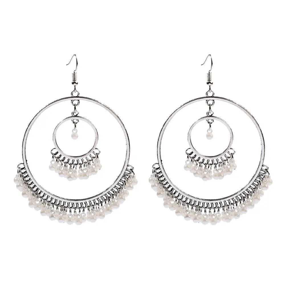 Boho Large Jhumka Round/Tear Pearl Tassel Drop Earrings