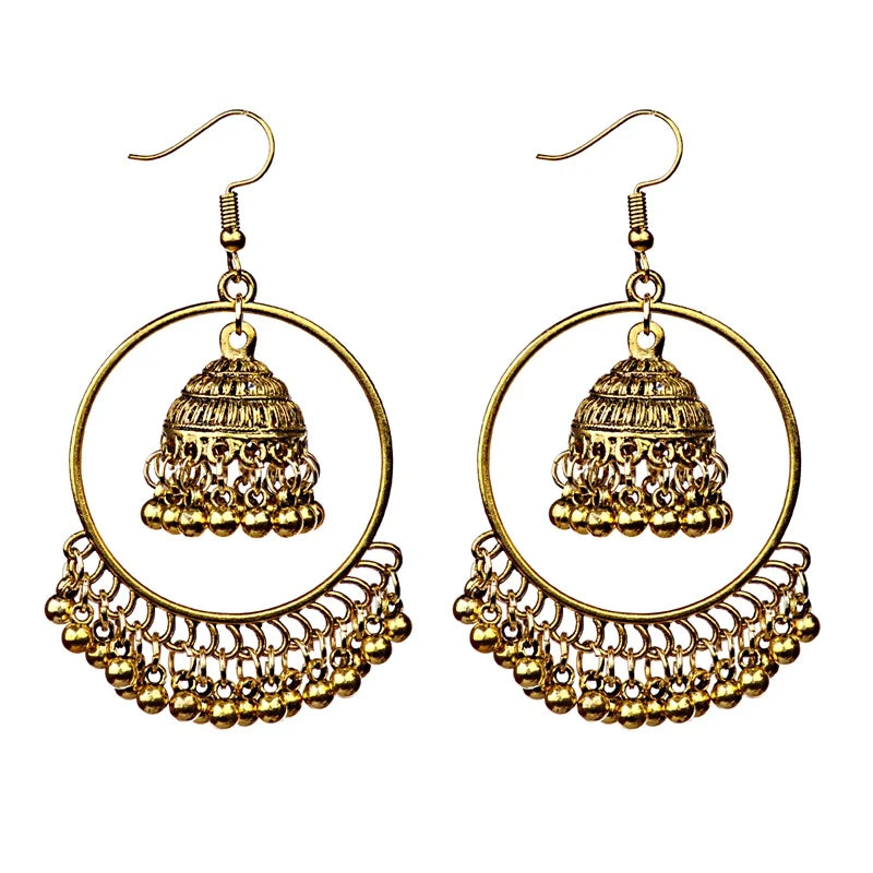 Charming Bohemian Jhumka Ethnic Circle With Small Bells Tassel Dangling Earrings