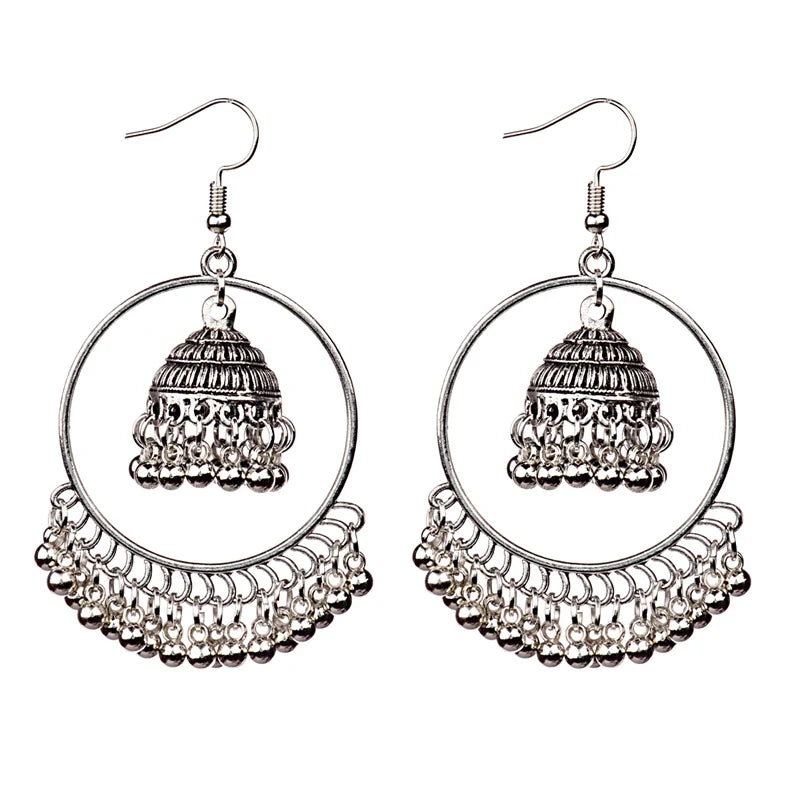 Charming Bohemian Jhumka Ethnic Circle With Small Bells Tassel Dangling Earrings