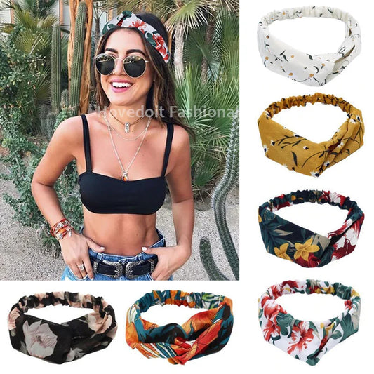 Boho Vintage Printed Multi-Color, Patterned Headbands Bandanas: Cross Turban Style Fashion Accessory